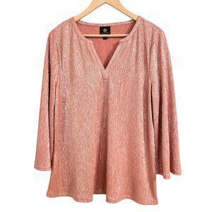 JM Collection Women's Top Size Medium Pleated Metallic Shine V-Neck 3/4 Sleeves